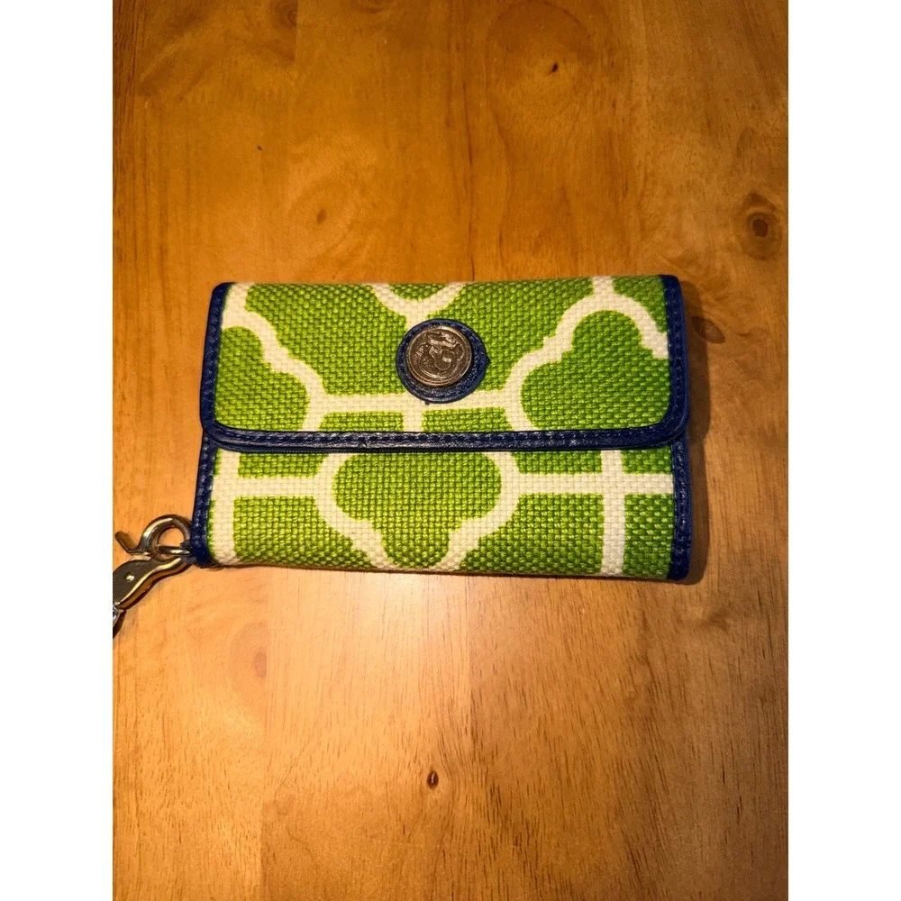 Spartina 449 Green Trellis Canvas Wristlet Wallet Navy‎ Blue Phone Case Trim